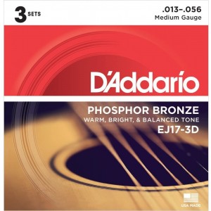 D'Addario EJ17-3D Phosphor Bronze Medium Acoustic Strings (.013-.056) 3 Pack